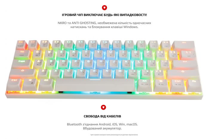 Клавіатура бездротова Motospeed CK62 Outemu Blue Ukr (mtck62wmb) White USB/Bluetooth