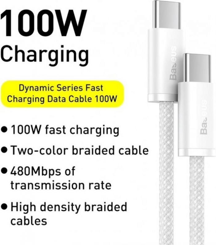 Кабель Baseus Dynamic USB Type-C - USB Type-C (M/M), 20 V/5 A, 100 W, 1 м, White (CALD000202)