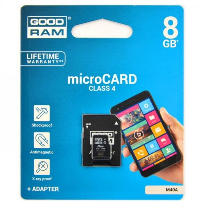 Карта пам`ятi MicroSDHC 8GB Class 4 GOODRAM + SD-adapter (M40A-0080R11)