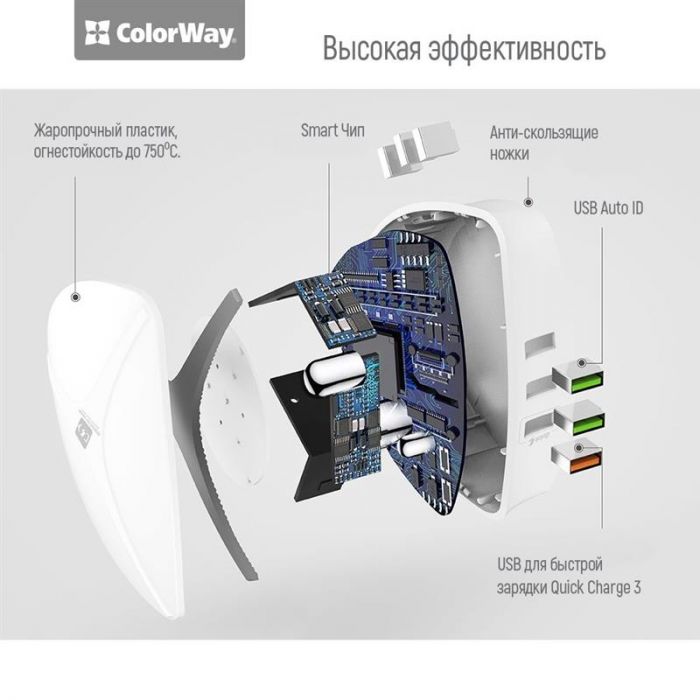 Мережевий зарядний пристрій ColorWay (1USBx3A, 5USBx2.4A) QC3.0 White (CW-CHS06QW)