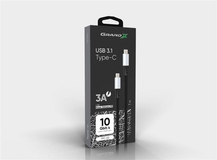 Кабель Grand-X USB Type-C - USB Type-C, Power Delivery, 65W, 1м, Black (TPC-02)