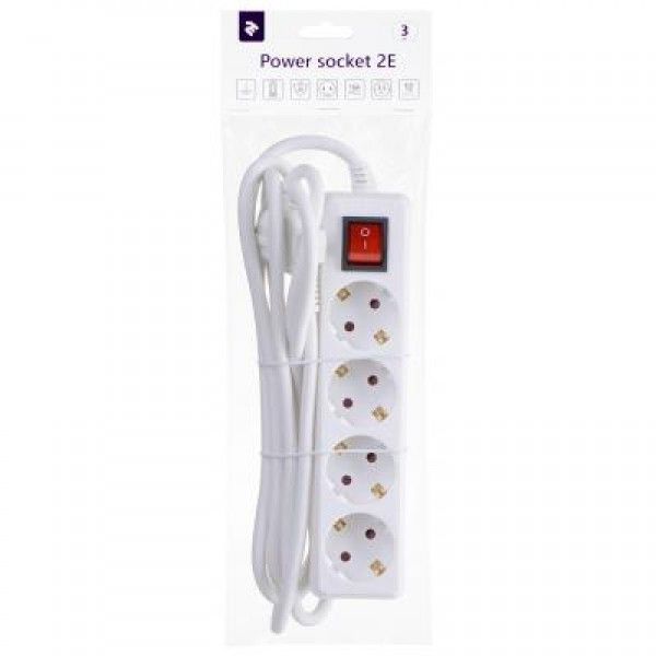 Фильтр питания 2Е 4XSchuko з вимикачем (2E-U04ESM3), 3G,1.5мм, 3м, white