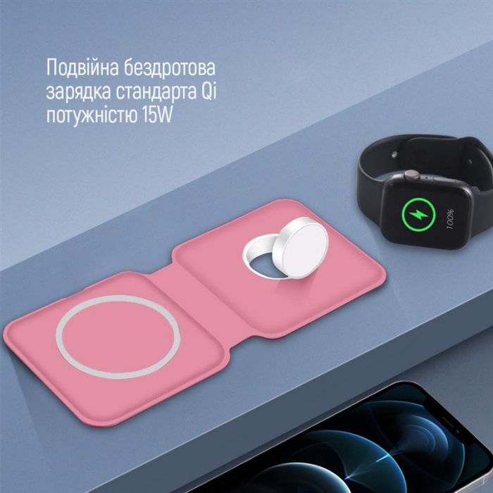 Бездротовий зарядний пристрій ColorWay MagSafe Duo Charger 15W for iPhone Pink (CW-CHW32Q-P)