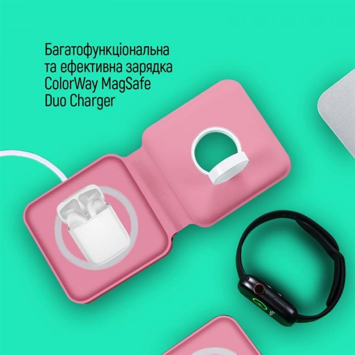 Бездротовий зарядний пристрій ColorWay MagSafe Duo Charger 15W for iPhone Pink (CW-CHW32Q-P)