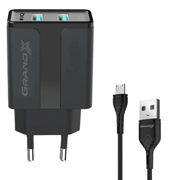 Мережевий зарядний пристрій Grand-X (2xUSB 2.4A) Black (CH-15UMB)