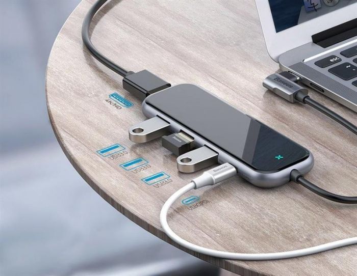 Концентратор USB-C Baseus 3хUSB3.0, USB-C, HDMI Grey (CAHUB-BZ0G) 