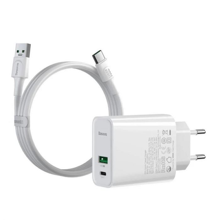 Мережевий зарядний пристрій Baseus Speed PPS (2USB, 5A) 30W White (TZCCFS-H02) + кабель USB-C