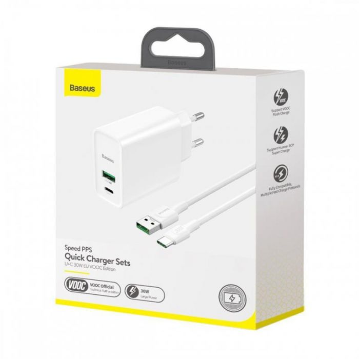 Мережевий зарядний пристрій Baseus Speed PPS (2USB, 5A) 30W White (TZCCFS-H02) + кабель USB-C