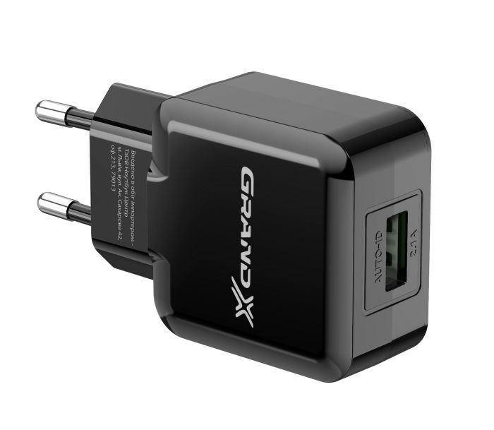 Мережевий зарядний пристрій Grand-X (1xUSB 5В/2.1А) Black (CH-03B)