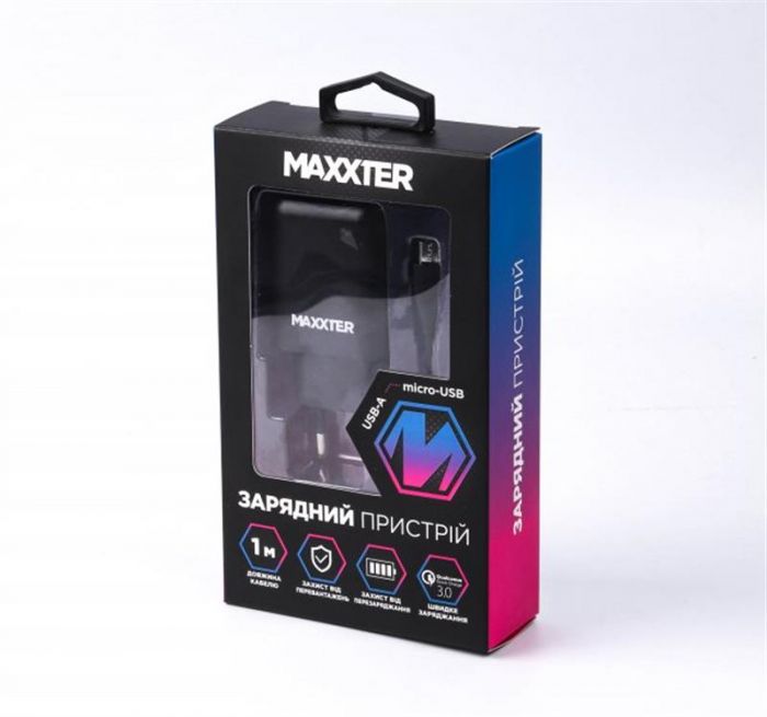 Мережевий зарядний пристрій Maxxter (1USBх2.4А) QC3.0 Black (WC-QC-AtM-01) + кабель microUSB
