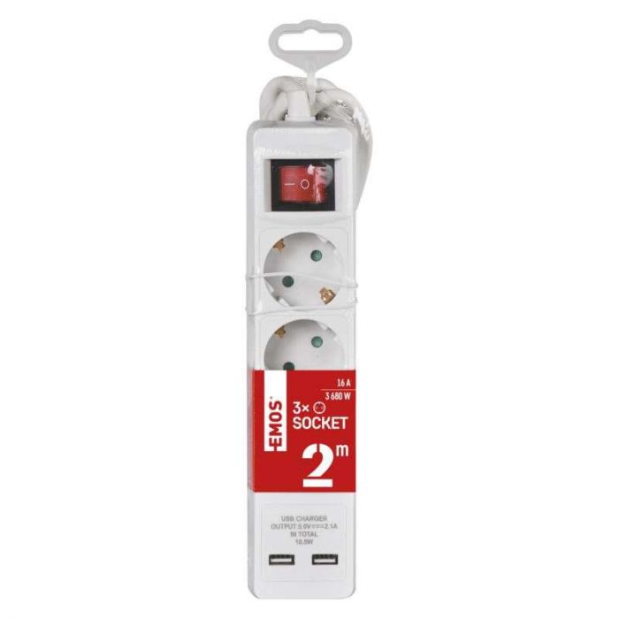 Фільтр живлення Emos (P1322RU) з вимикачем, 2xUSB, 3 розетки, 2м, White