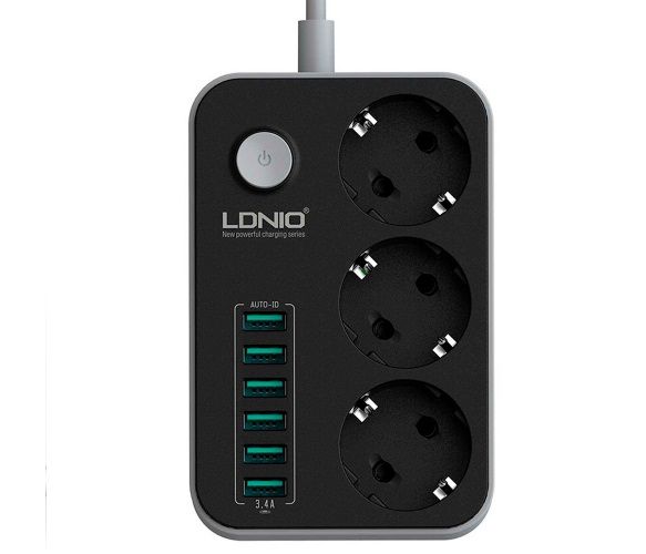 Мережевий фільтр Ldnio (SE3631/19044) 3 розетки, 6 USB, 2 м, Black/Grey