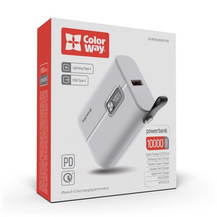 Універсальна мобільна батарея ColorWay Full Power 10000mAh White (CW-PB100LPK2WT-PDD)