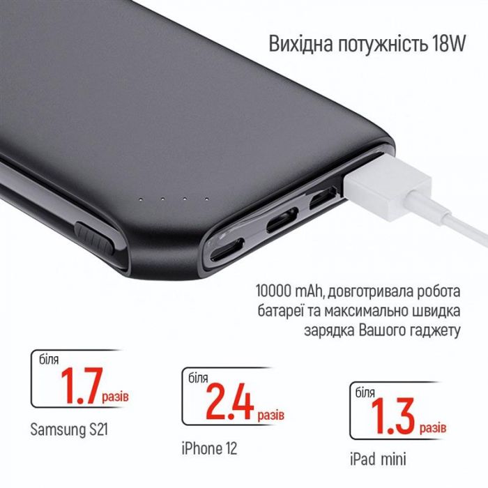 Універсальна мобільна батарея ColorWay Soft Touch 10000mAh Black (CW-PB100LPE3BK-PD)