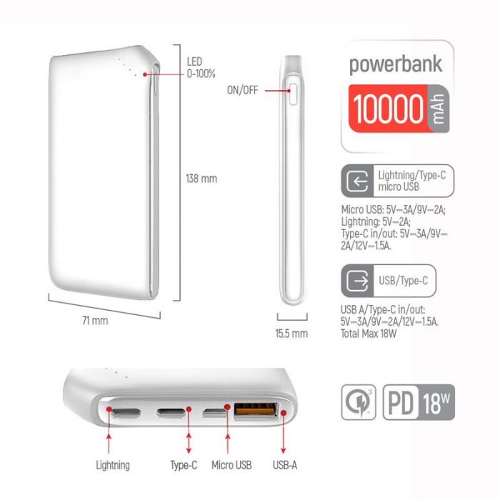 Універсальна мобільна батарея ColorWay Soft Touch 10000mAh White (CW-PB100LPE3WT-PD)