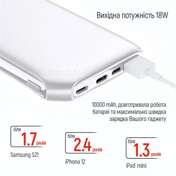 Універсальна мобільна батарея ColorWay Soft Touch 10000mAh White (CW-PB100LPE3WT-PD)