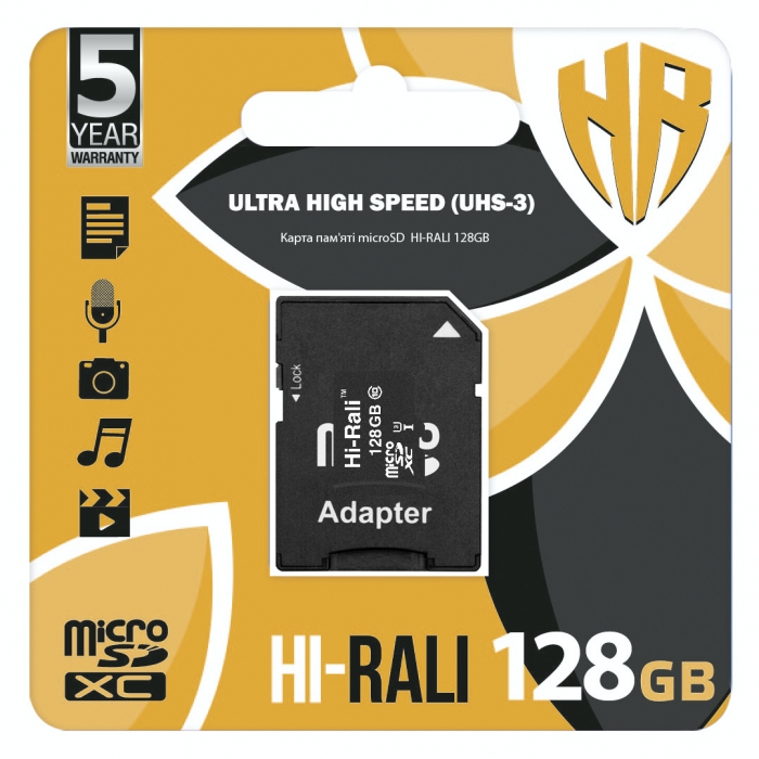 Карта пам`ятi MicroSDXC 128GB UHS-I U3 Class 10 Hi-Rali + SD-adapter (HI-128GBSD10U3-01)