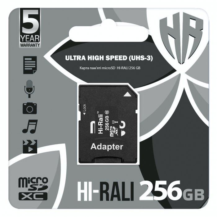 Карта пам`ятi MicroSDXC 256GB UHS-I U3 Class 10 Hi-Rali + SD-adapter (HI-256GBSD10U3-01)