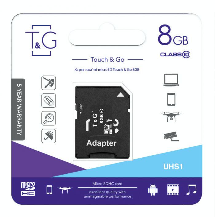 Карта пам`ятi MicroSDHC 8GB UHS-I Class 10 T&G + SD-adapter (TG-8GBSD10U1-01)
