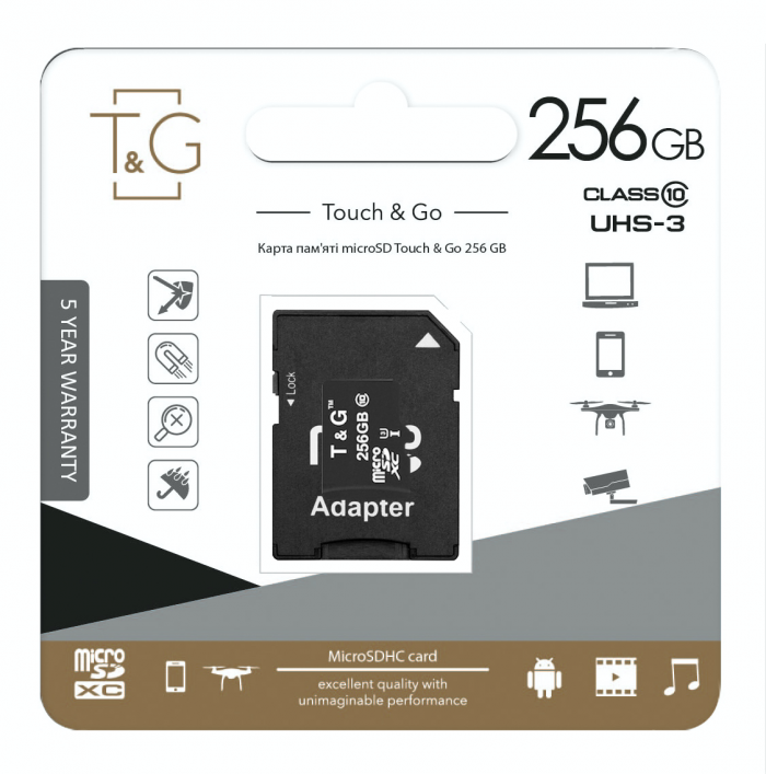 Карта пам`ятi MicroSDXC 256GB UHS-I U3 Class 10 T&G + SD-adapter (TG-256GBSD10U3-01)