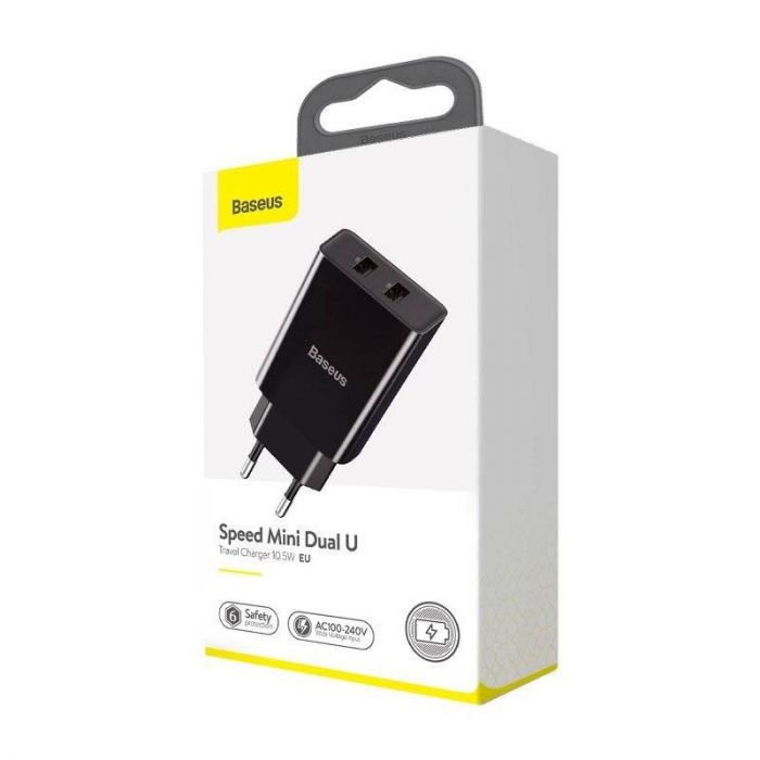 Мережевий зарядний пристрій Baseus Speed Mini Dual U Charger (2USB) 10.5W Black (CCFS-R01)