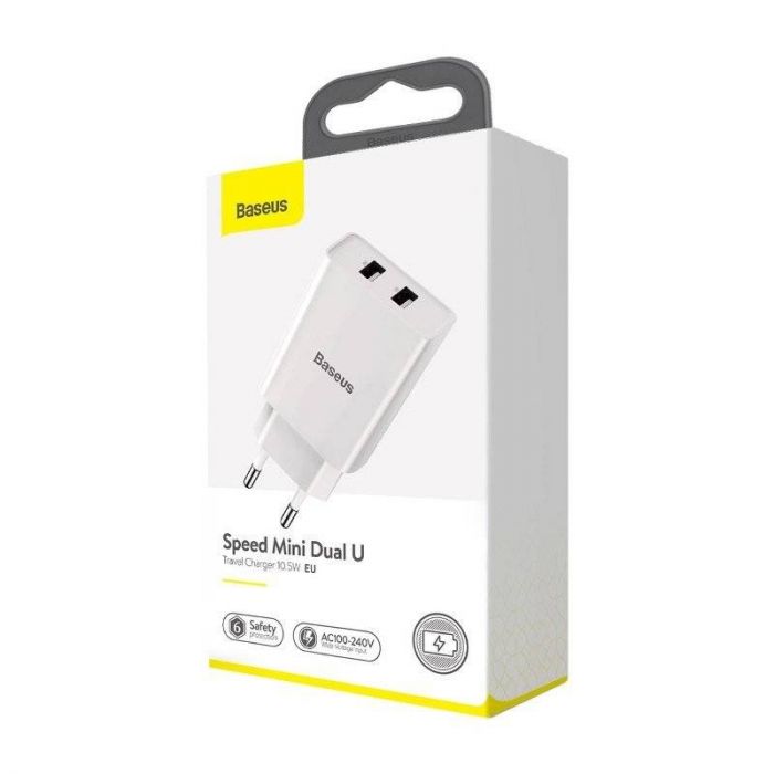 Мережевий зарядний пристрій Baseus Speed Mini Dual U Charger (2USB) 10.5W White (CCFS-R02)