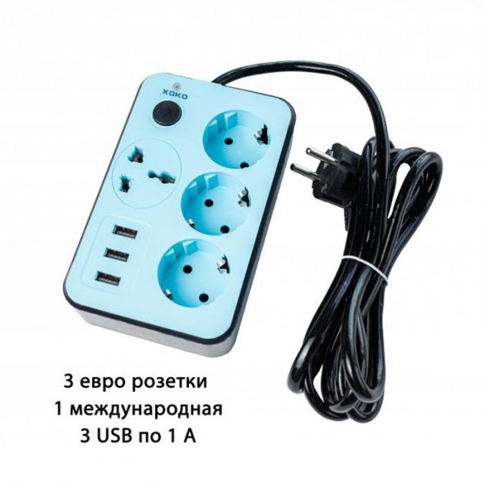 Мережевий фільтр XoKo (XK-SP-3-3-1) 4 розетки, 2 USB, 1.8 м, Blue/Black