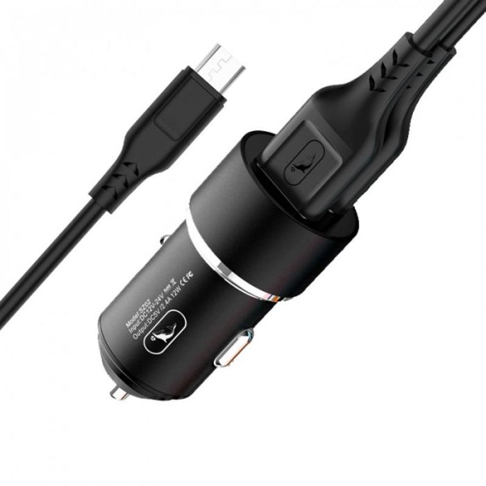 Автомобільний зарядний пристрій SkyDolphin SZ02V Aluminium (2USB, 2.4A) Black (AZP-000073) + кабель microUSB