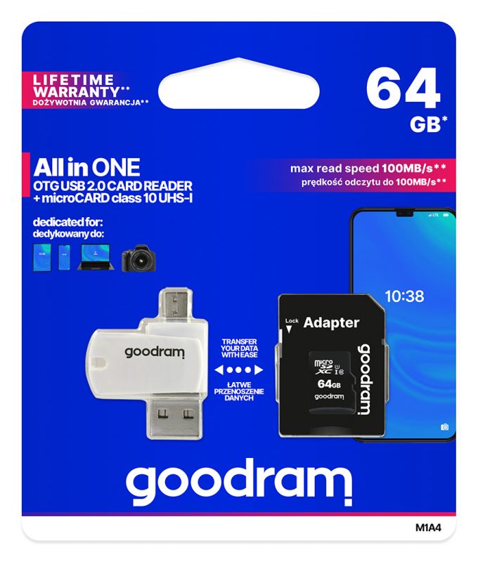 Карта пам`ятi MicroSDXC 64GB UHS-I Class 10 GOODRAM + SD-adapter + OTG Card reader (M1A4-0640R12)