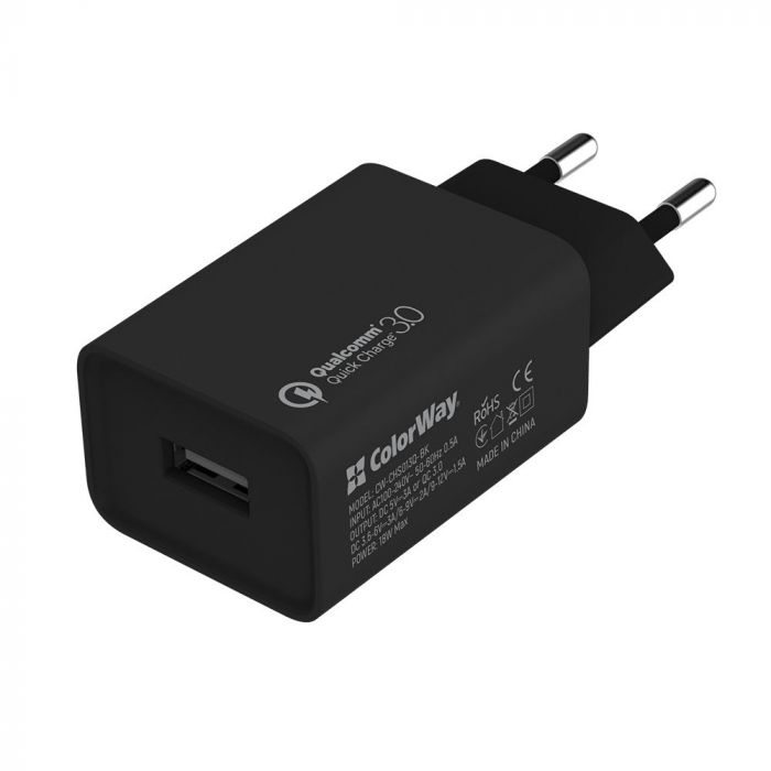 Мережевий зарядний пристрій ColorWay (1USBx3A) QC3.0 Black (CW-CHS013QCM-BK) + кабель MicroUSB