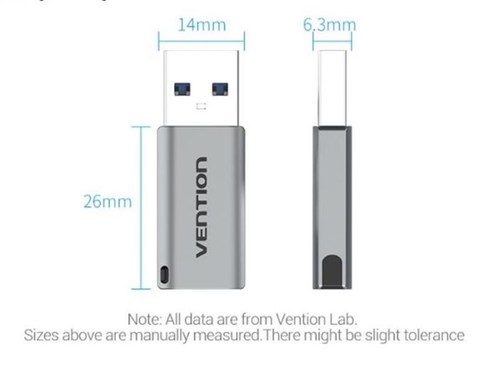 Адаптер Vention USB 3.0 AM - USB Type-C AF Gray (CDPH0)