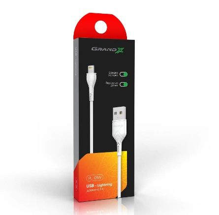 Кабель Grand-X USB-Lightning, 1м, Cu, 2,1A,  White (PL01W)