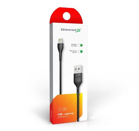 Кабель Grand-X USB-Lightning, 1м, Cu, 2,1A, Black (PL01B)