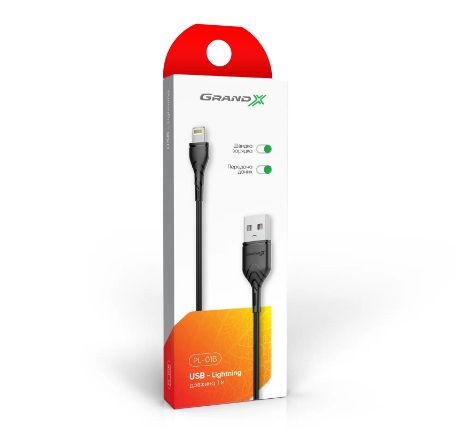 Кабель Grand-X USB - Lightning (M/M), Cu, 2.1 A, 1 м, Black (PL01B)