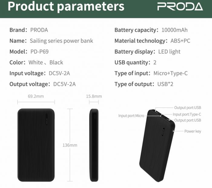 Універсальна мобільна батарея Proda PD-P69 10000mAh White (PRD-PDP69-WT)