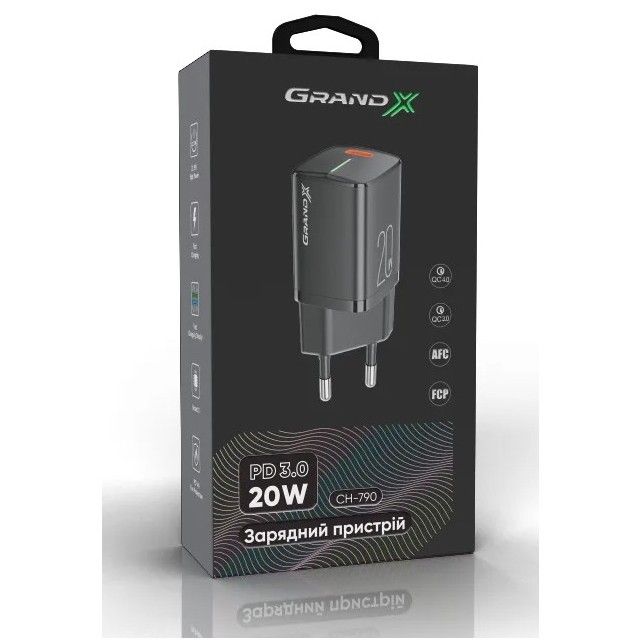 Мережевий зарядний пристрій Grand-X USB-C PD3.0 20W для Apple iPhone та Android QC4.0,FCP,AFC Black (CH-790)