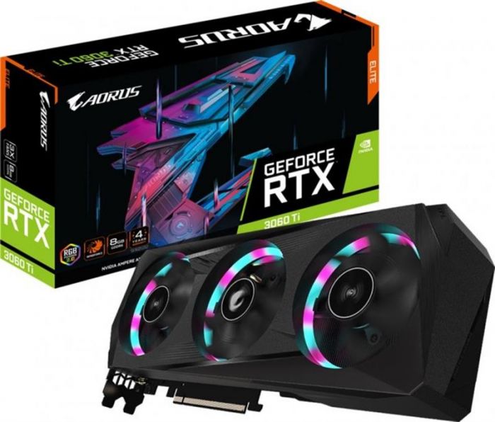 Відеокарта GF RTX 3060 Ti 8GB GDDR6 Aorus Elite Gigabyte (GV-N306TAORUS E-8GD 2.0) (LHR)