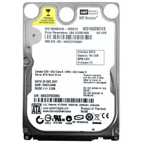 Накопичувач HDD 2.5" SATA  160GB WD Scorpio Blue 5400rpm 8MB (WD1600BEVS) Refurbished