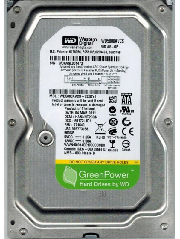 Накопичувач HDD SATA  500GB WD AV-GP 5400rpm 16MB (WD5000AVCS) Refurbished