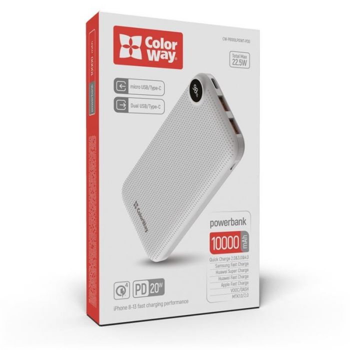 Універсальна мобільна батарея ColorWay LCD 10000mAh White (CW-PB100LPI3WT-PDD)