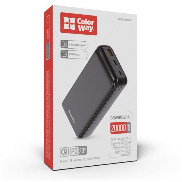 Універсальна мобільна батарея ColorWay Slim 20000mAh Black (CW-PB200LPG3BK-PD)