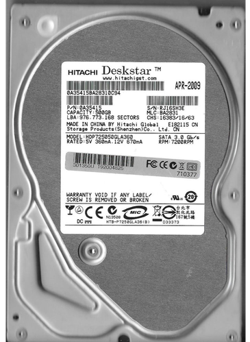 Накопитель HDD SATA  500GB Hitachi (HGST) Deskstar P7K500 7200rpm 16MB (HDP725050GLA360) Refurbished