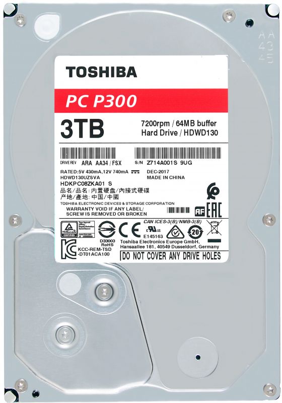 Накопичувач HDD SATA 3.0TB Toshiba P300 7200rpm 64MB (HDWD130UZSVA)