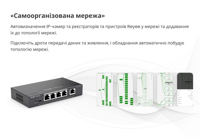 Комутатор Ruijie Reyee RG-ES205GC (4xGE, 1xGE Uplink, CCTV, Cloud Managed, L2, настільний, безшумний, метал)