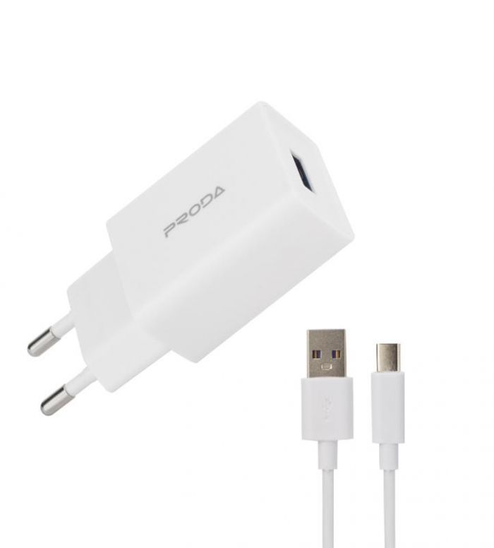 Зарядний пристрій Proda PD-A43a USB 2.4A + кабель USB Type-C White