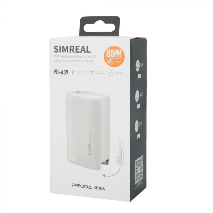 Зарядний пристрій Proda Xinrui A39 Quick Charger 65W USB, Type-C White