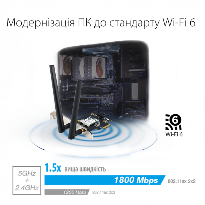 Бездротовий адаптер Asus PCE-AX1800 (AX1800, Bluetooth 5.2, WPA3, MU-MIMO, 2 зовнішні антени)