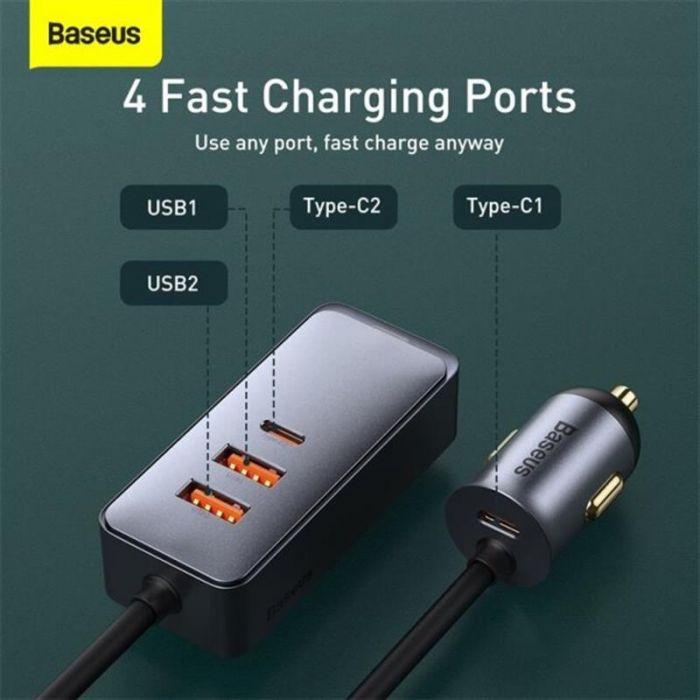 Автомобільний зарядний пристрій Baseus Share Together PPS  with extension cord 120W (2USB, 2USB-C) Gray (CCBT-A0G)