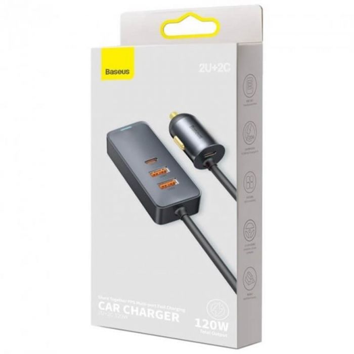 Автомобільний зарядний пристрій Baseus Share Together PPS  with extension cord 120W (2USB, 2USB-C) Gray (CCBT-A0G)