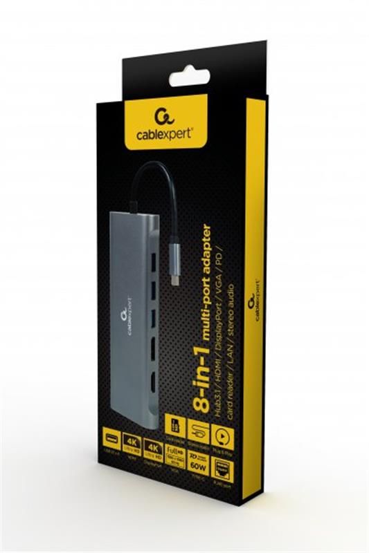 Док-станція Cablexpert USB-C 8-в-1 (A-CM-COMBO8-01)